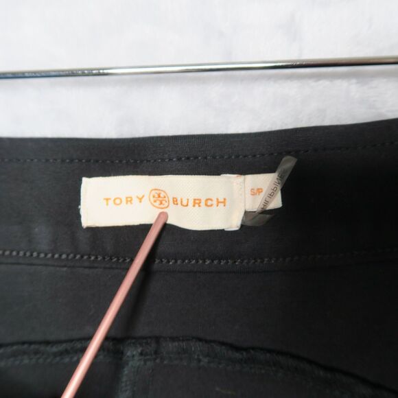 TORY BURCH Ponte Flare Black Pants Size S Gold-Tone Buttons Pull On Stretch - Picture 7 of 9